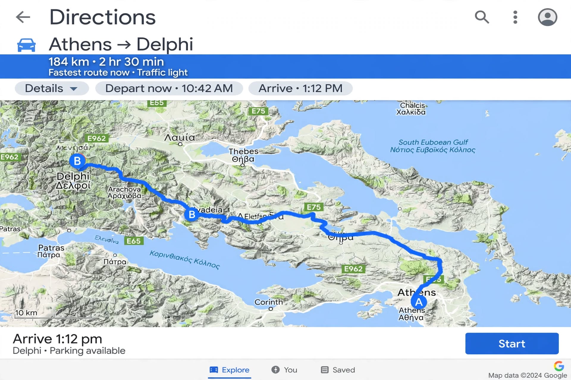 Google Maps route from Athens to Delphi, approximately 184 km and 2 hours 30 minutes via Thebes and Arachova