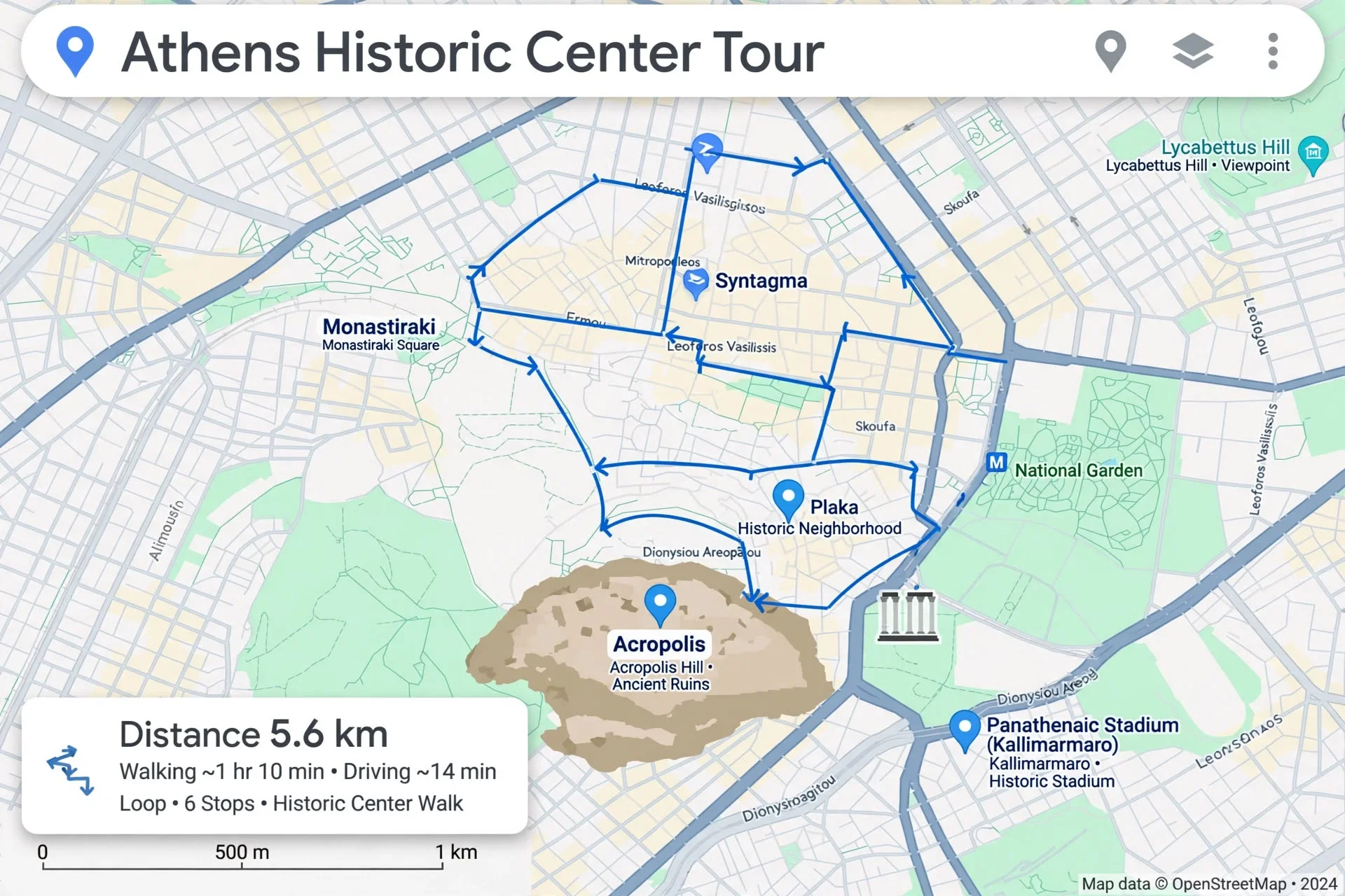 Google Maps route of the Athens Historic Center Tour — 5.6 km loop with 6 stops: Acropolis, Plaka, Monastiraki, Syntagma and Panathenaic Stadium