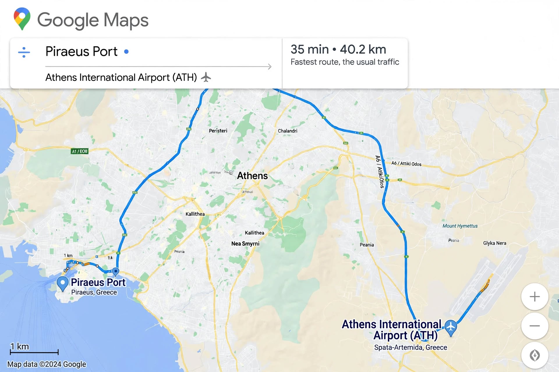 Google Maps route from Piraeus Port to Athens International Airport, about 40 km and 35 minutes via Attiki Odos