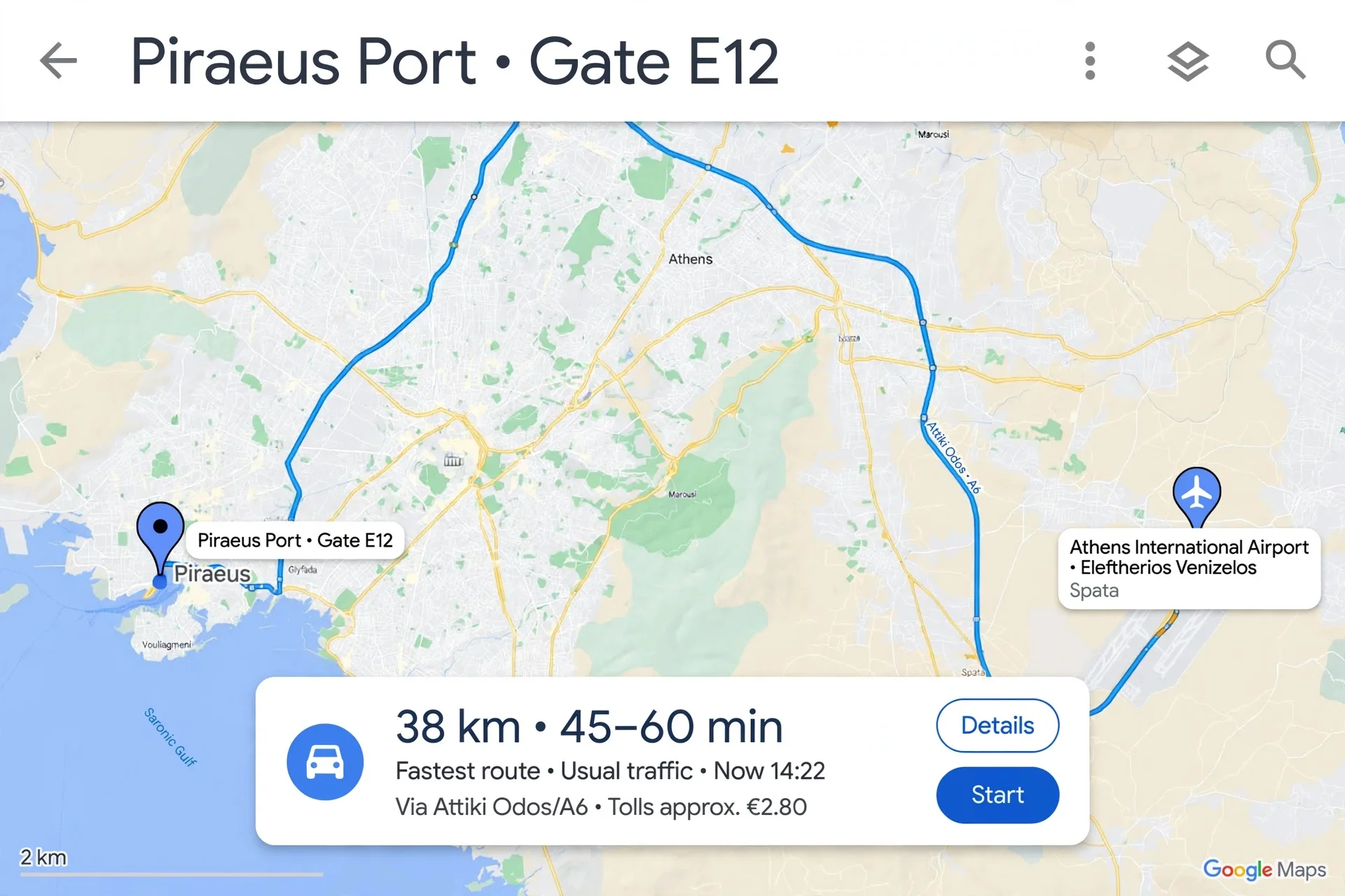 Google Maps route from the Port of Piraeus (Gate E12) to Athens International Airport, 38 km and 45–60 minutes via Attiki Odos
